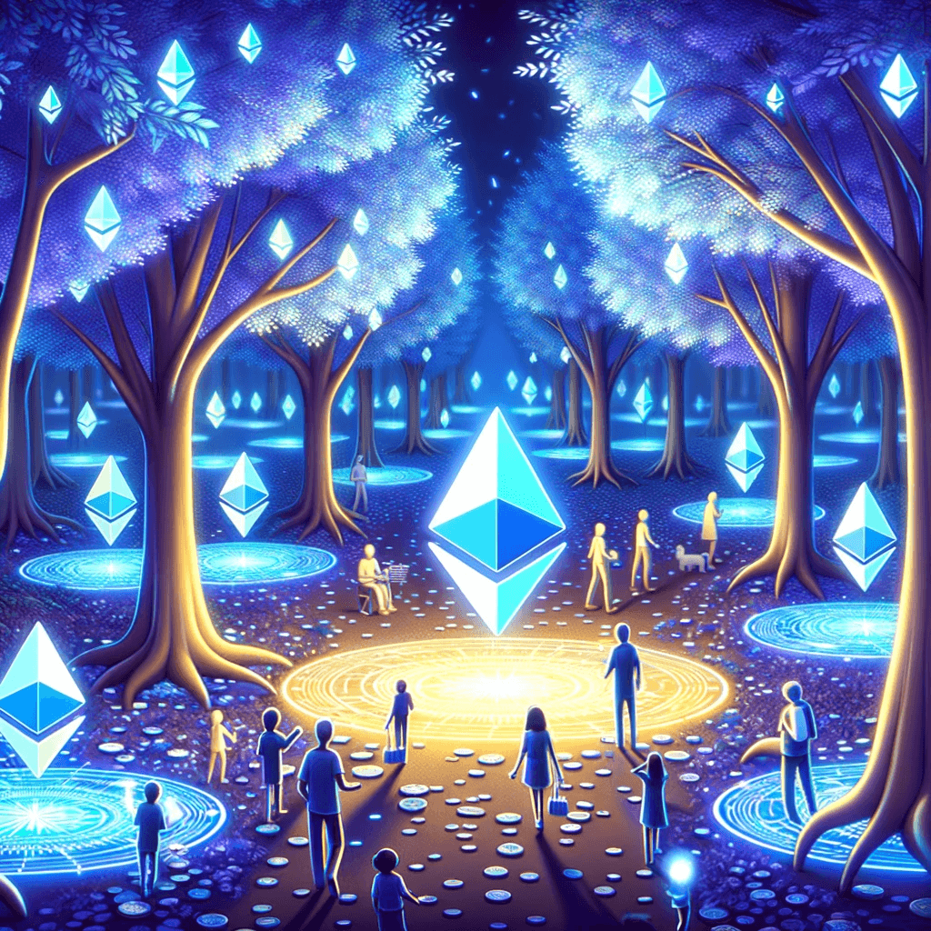 Illustration-of-a-digital-forest,-where-trees-have-leaves-made-of-shimmering-ERC-20-tokens.-The-forest-floor-is-illuminated-by-the-glow-of-the-Ethereum