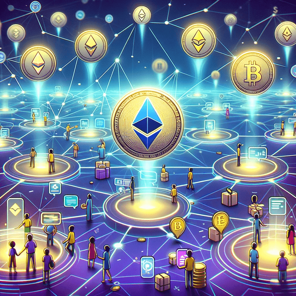 Illustration-of-a-digital-landscape-representing-the-Ethereum-network.-Floating-in-this-space-are-various-ERC-20-tokens,-each-with-its-unique-design