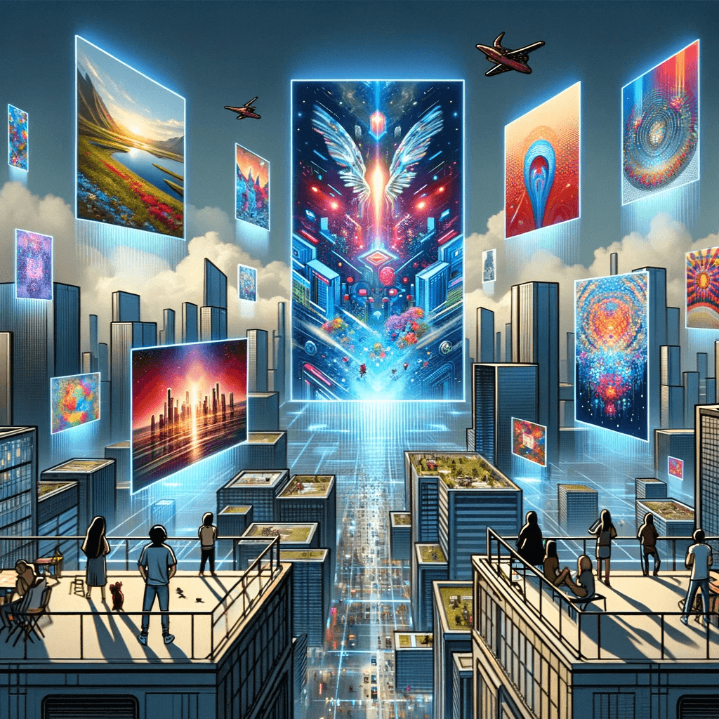 Illustration-of-a-futuristic-city-skyline-where-large-holographic-screens-showcase-a-variety-of-NFT-artworks-The-screens-float-above-the-buildings-an